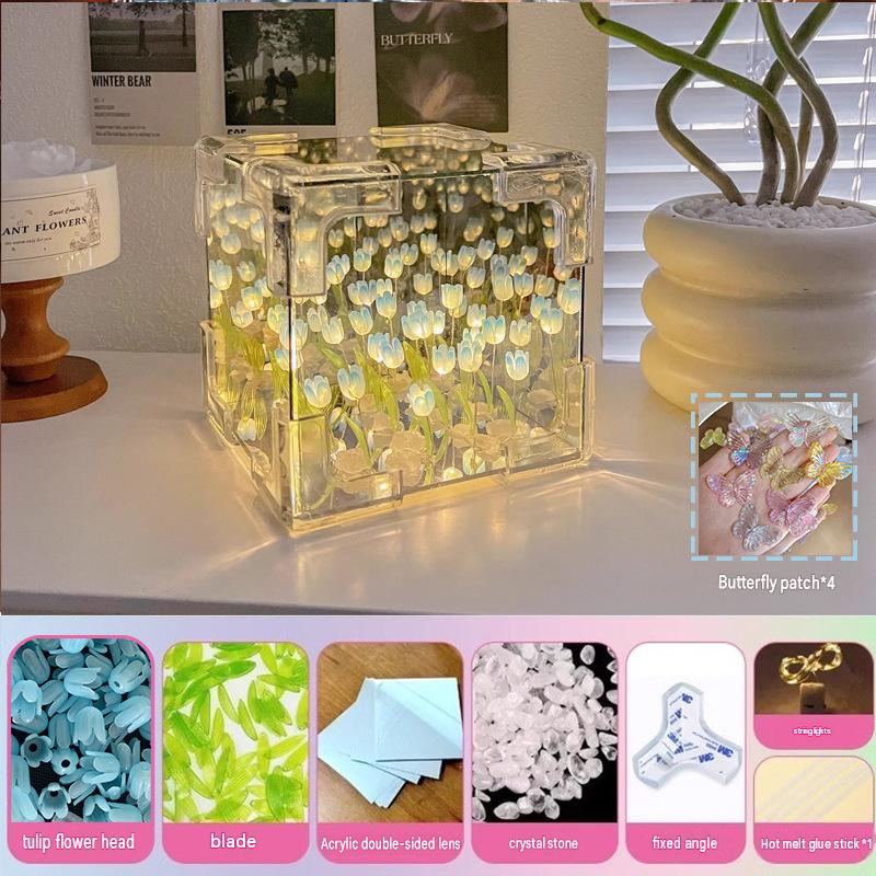 Transparent Acrylic Tulip Sea Table Lamp Aesthetic Mirror Cube Desktop Night Light for Bedroom Living Room Decor