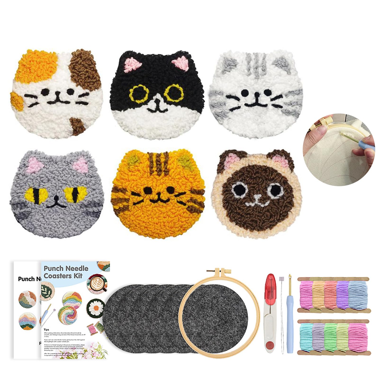 ADOFUN Punch Needle Materials and Tools Kit - Coaster Material Kit - Needle Punch Embroidery Craft Materials Set - Embroidery Hoop, Needle Pen, Patter