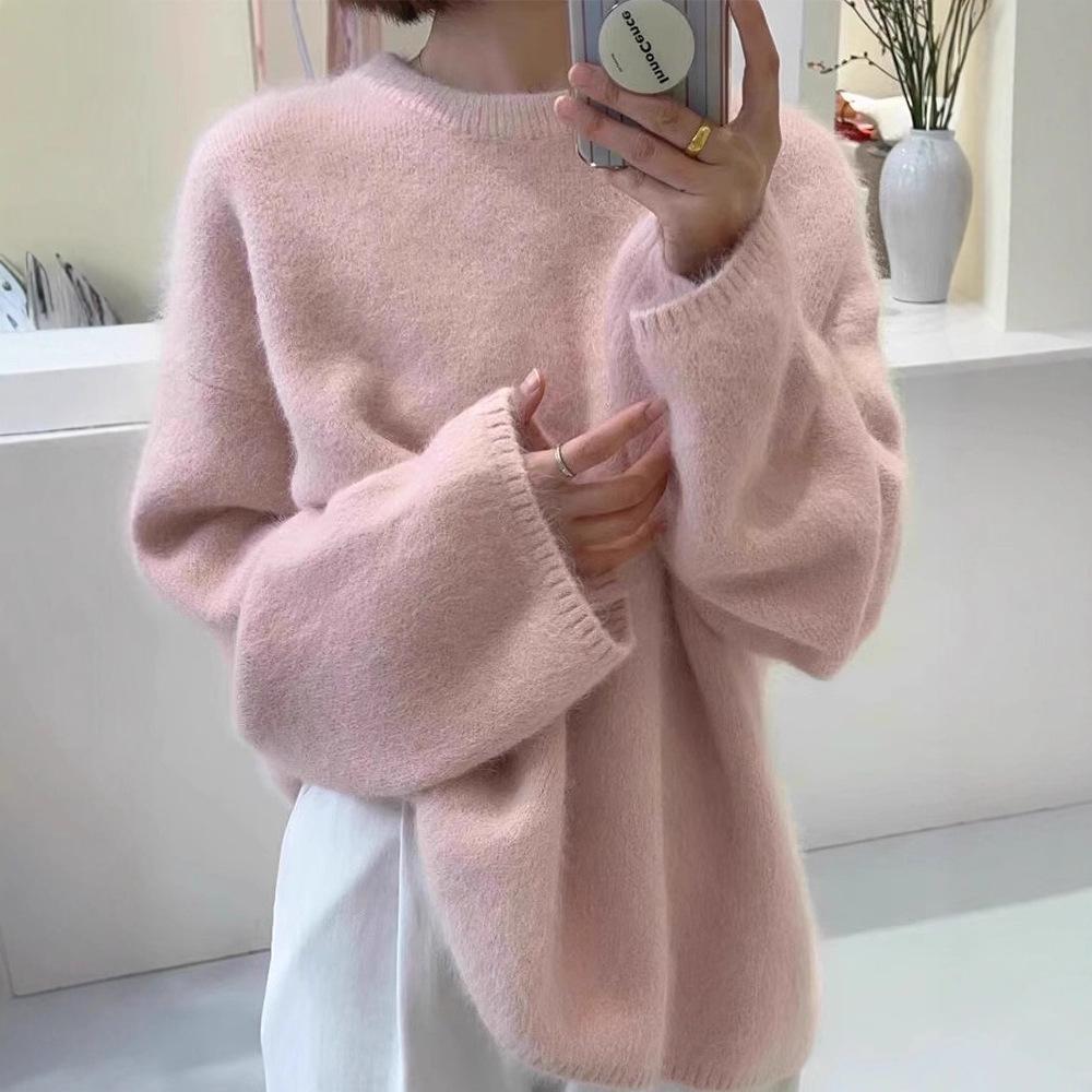 Women's Winter Soft Pink Velvet Round-Neck Sweater