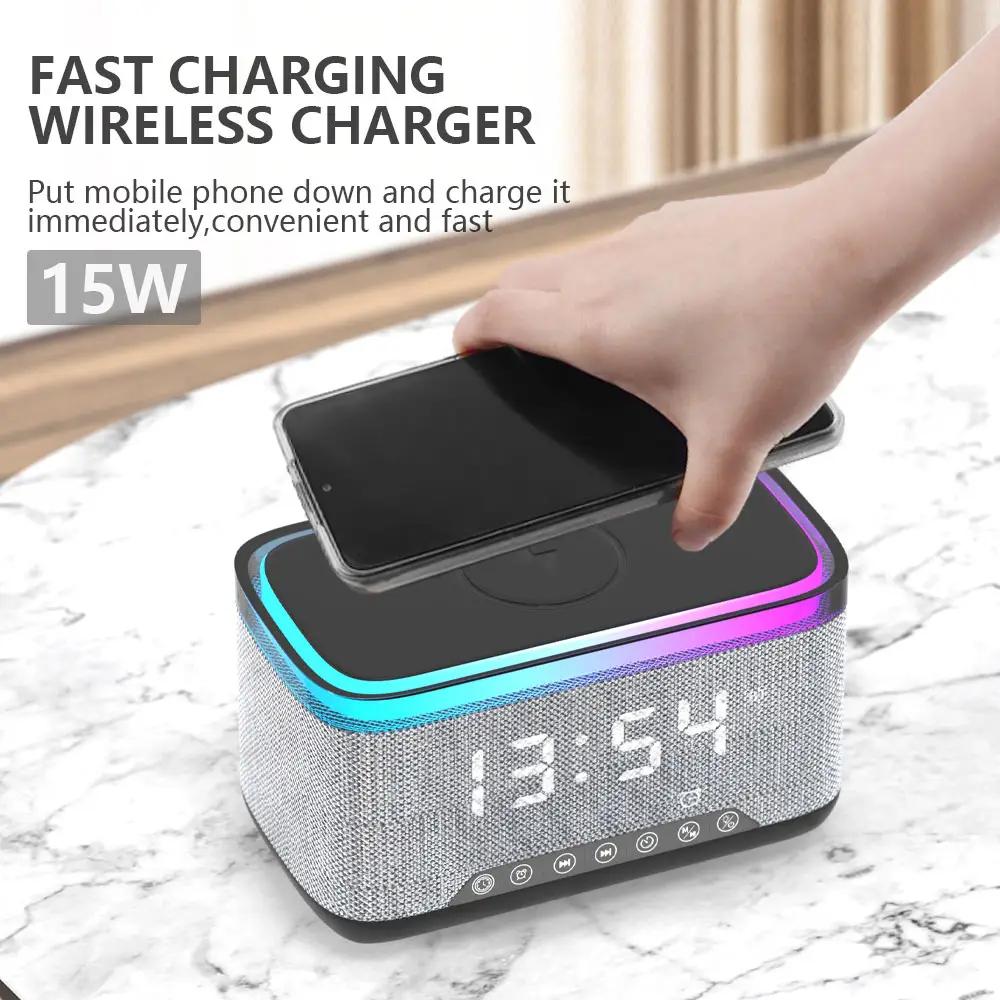 Custom Modern Desk Led Colorful Light Digital Alarm Clock Radio bluetooth Music Speaker Alarm Clock with Wireless Phone Charging