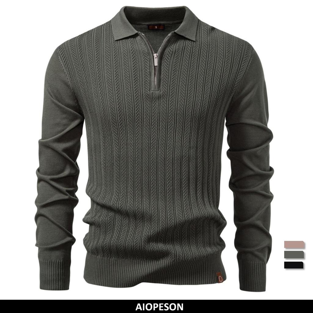 AIOPESON Premium Solid Color Polo Men Slim Fit Henley Long Sleeve Luxury Textured Fabric Business Casual Mens Polo Shirts