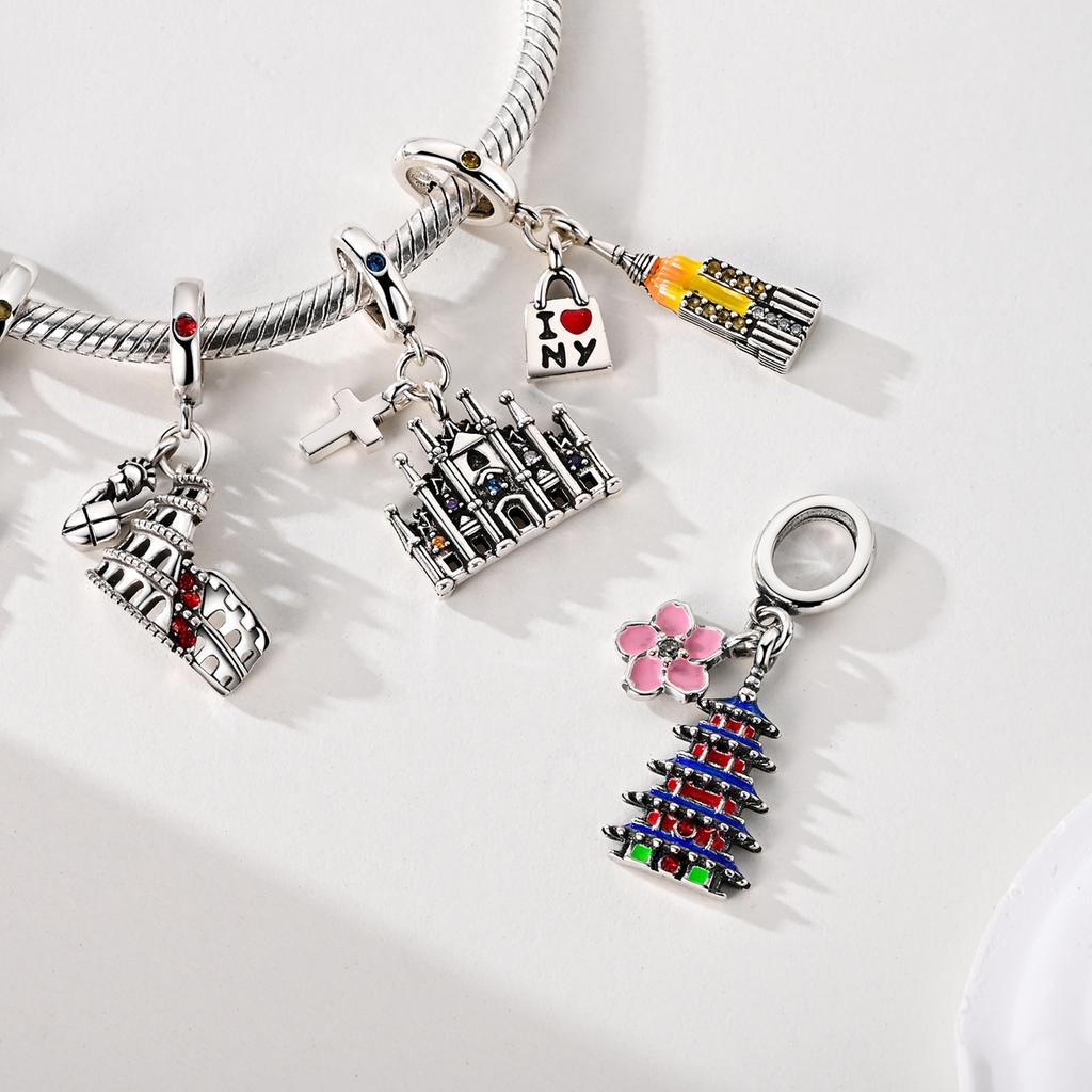925 Silver Travel Charm Pendant New York Rome Vienna Landmark Building Bracelet Diy Fashion Jewelry Gift