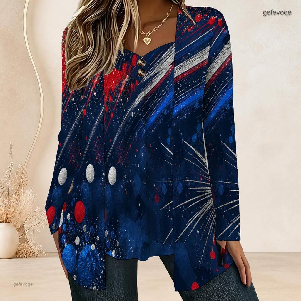 Women Plus Size Square Neck Long Sleeve T Shirt Vintage American Flag Star Stripe Print Double Layer Front Top