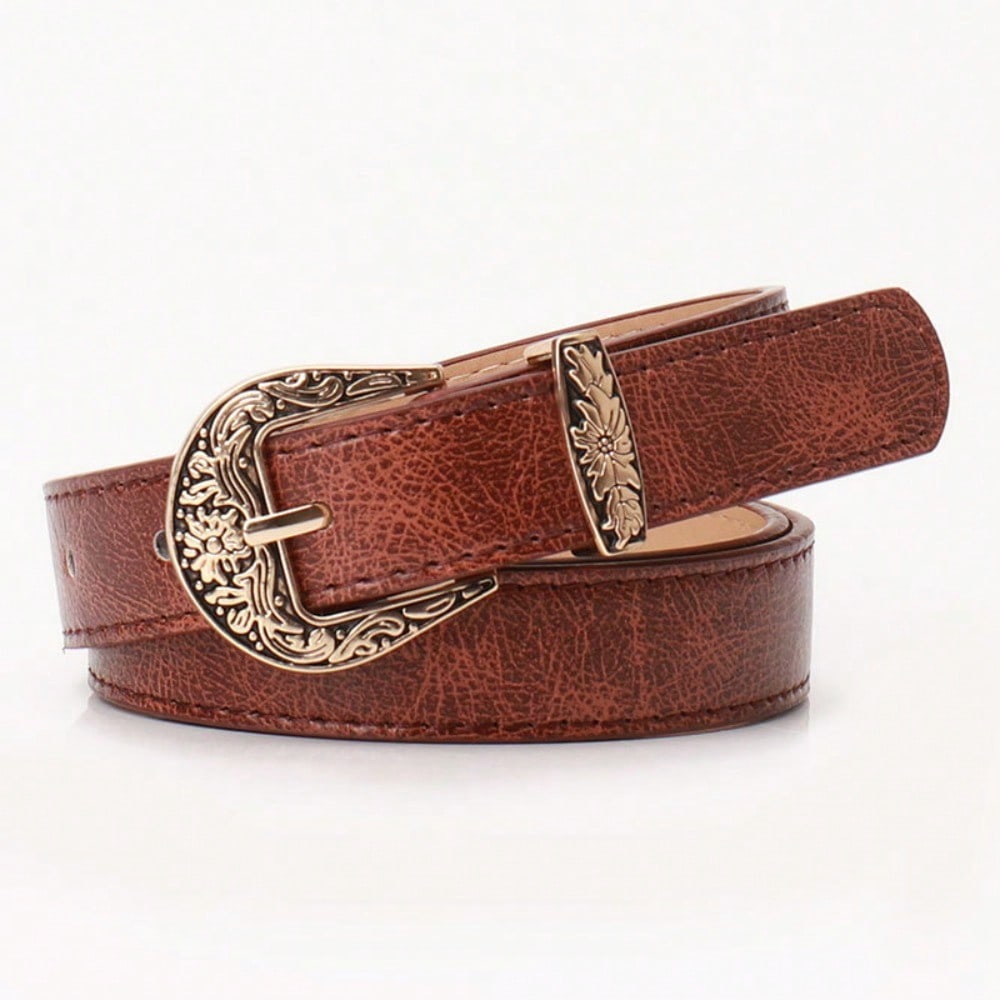 New Vintage Carved Button Women's Belt, Fashionable Versatile Jeans, High-end Belt for Women