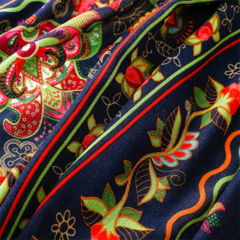 Schal Retro Ethno Stil Schal Fischgrätmuster Marineblau Blume Seidenschal Dickes Tuch Damen