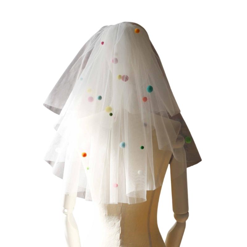 

Bridal Short Veil with Colorful Pompoms Tulle Veil For Fashion Lookings Party Enthusiasts Wedding Bride Photography Veil 1
