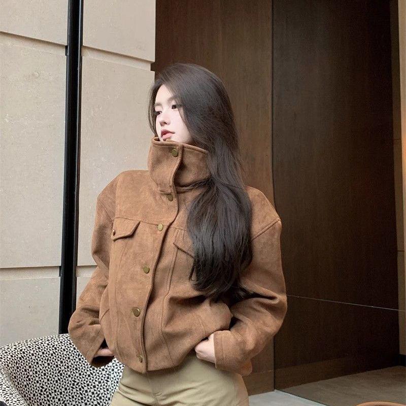 

Ретро Y2K замшевая куртка с длинным рукавом: Свободный крой, повседневный и универсальный для поездок весной/осенью. S (Recommended for 70-90 lbs)