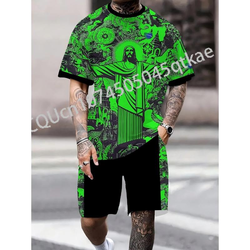 Summer  Brazilian Special Edition Jesus Football Jersey Summer Football Training T-shirt+Shorts Men and Women Set Sports