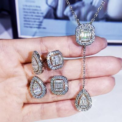 Copper Fashion New Square Long Zircon Earrings Ring Necklace Jewelry Three-piece Party Birthday Jewelry Gift