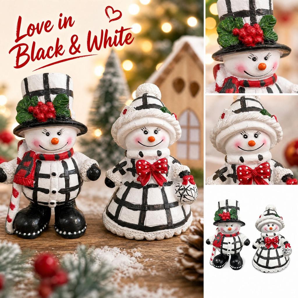 Christmas Resin Snowman Figurine, Plaid Couple Snowman Tabletop Decoration