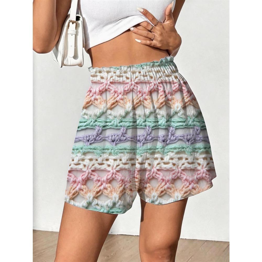 Summer Women s Loose Fit Casual Shorts with Pastel Crochet Lace and Soft Striped Mesh Pattern S