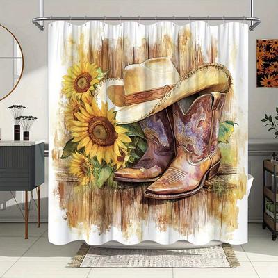 Western Rustic Cowboy Shower Curtain-Realistic Painterly Style, Brown Boots & Hat, Yellow Sunflowers, Textured Wood Background,