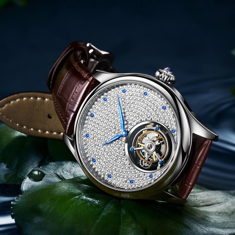 Men's Swiss Movement Waterproof Mechanical Watch with Diamond-Set Skeleton Design and Leather Strap