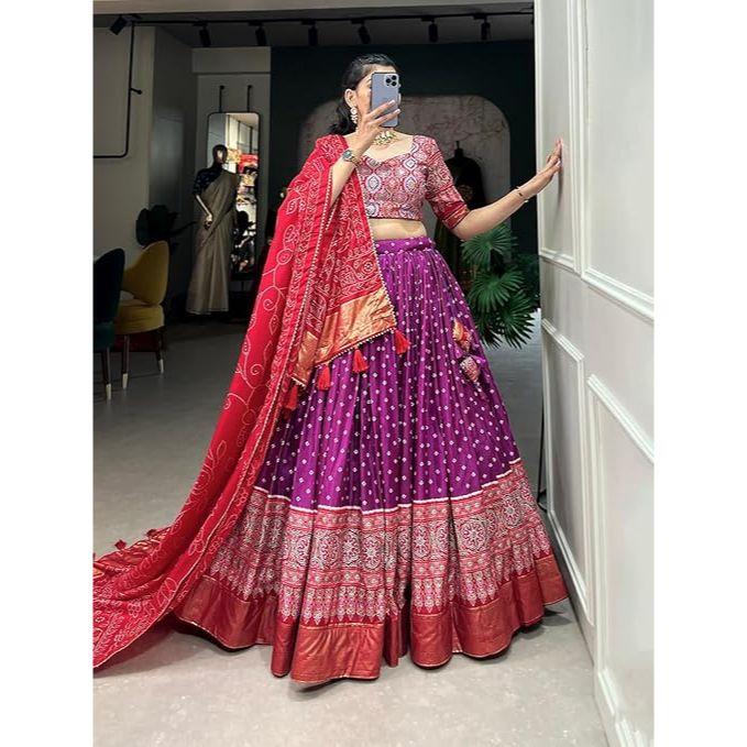 Kvinnes perfekt Kolleksjon Tussar Silke Lehenga Choli Patola Trykk med Foliearbeid ,Uferdig Bluse,