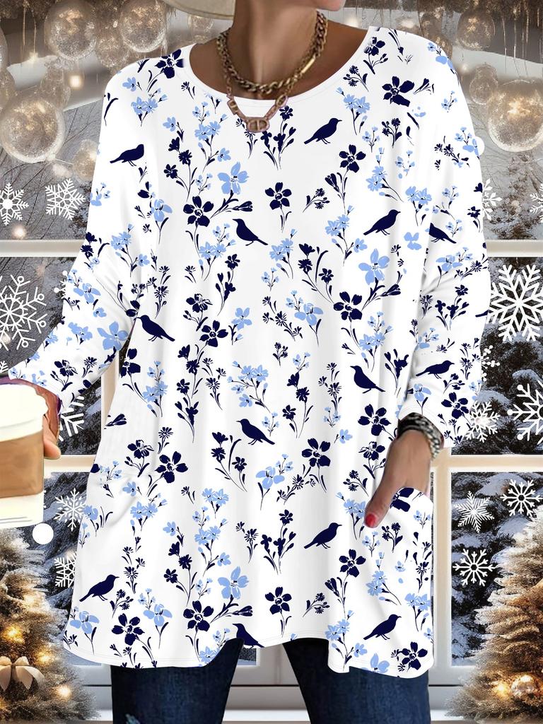 2025 Autumn Winter New Plus Size Women's Tops, Flower 3D Print Fashion Crew Neck Long Sleeve T-Shirts