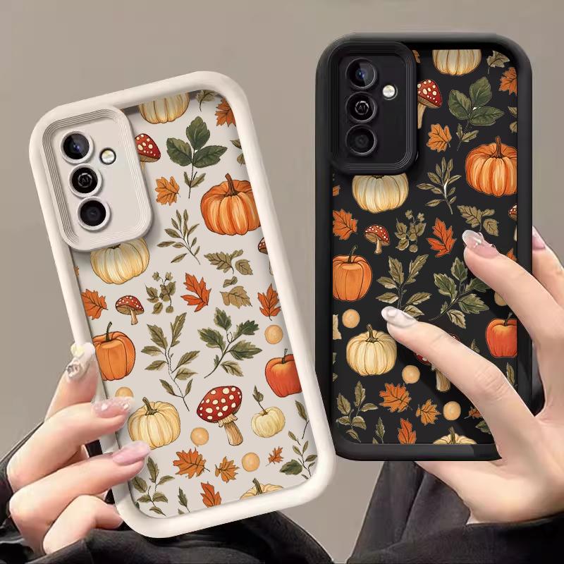 Retro Maple Leaf Pumpkin Pattern Soft Phone Case For Samsung Galaxy S25 Ultra S24 S23 S22 S21 S20 Plus FE A15 A35 A54 A55 Cover