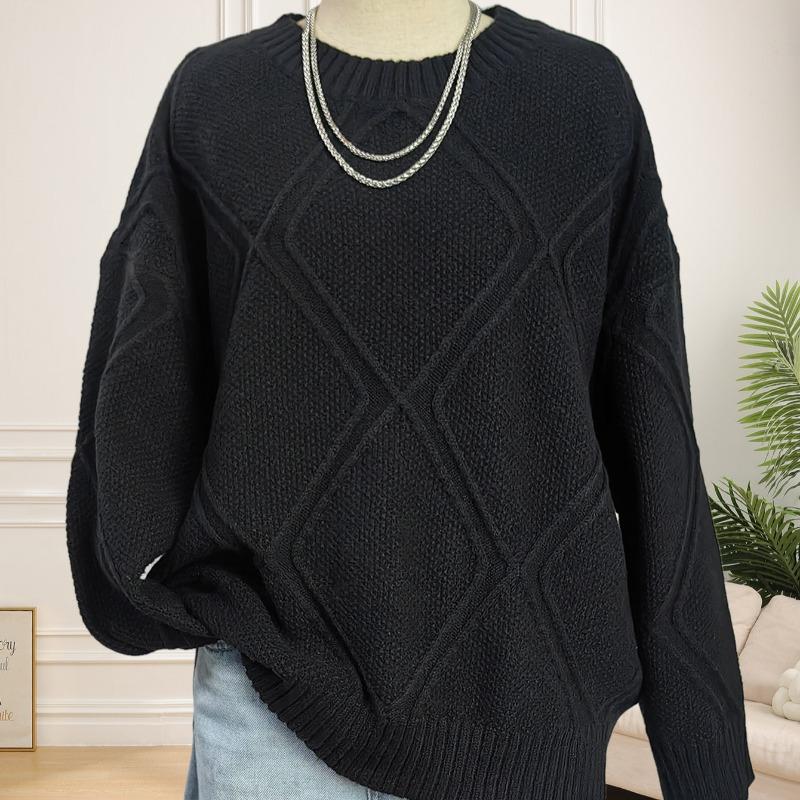 

Женский пуловер свободного ленивого стиля кэжуал с жаккардовым узором в форме ромбов, с круглым вырезом и длинными рукавами OneSize чёрный