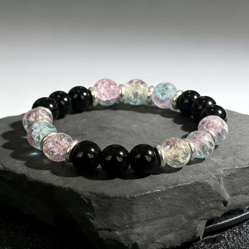 Pink Green Burst Flower Black Agate Bracelet: Emotional Healing & Mood Balance, 10mm