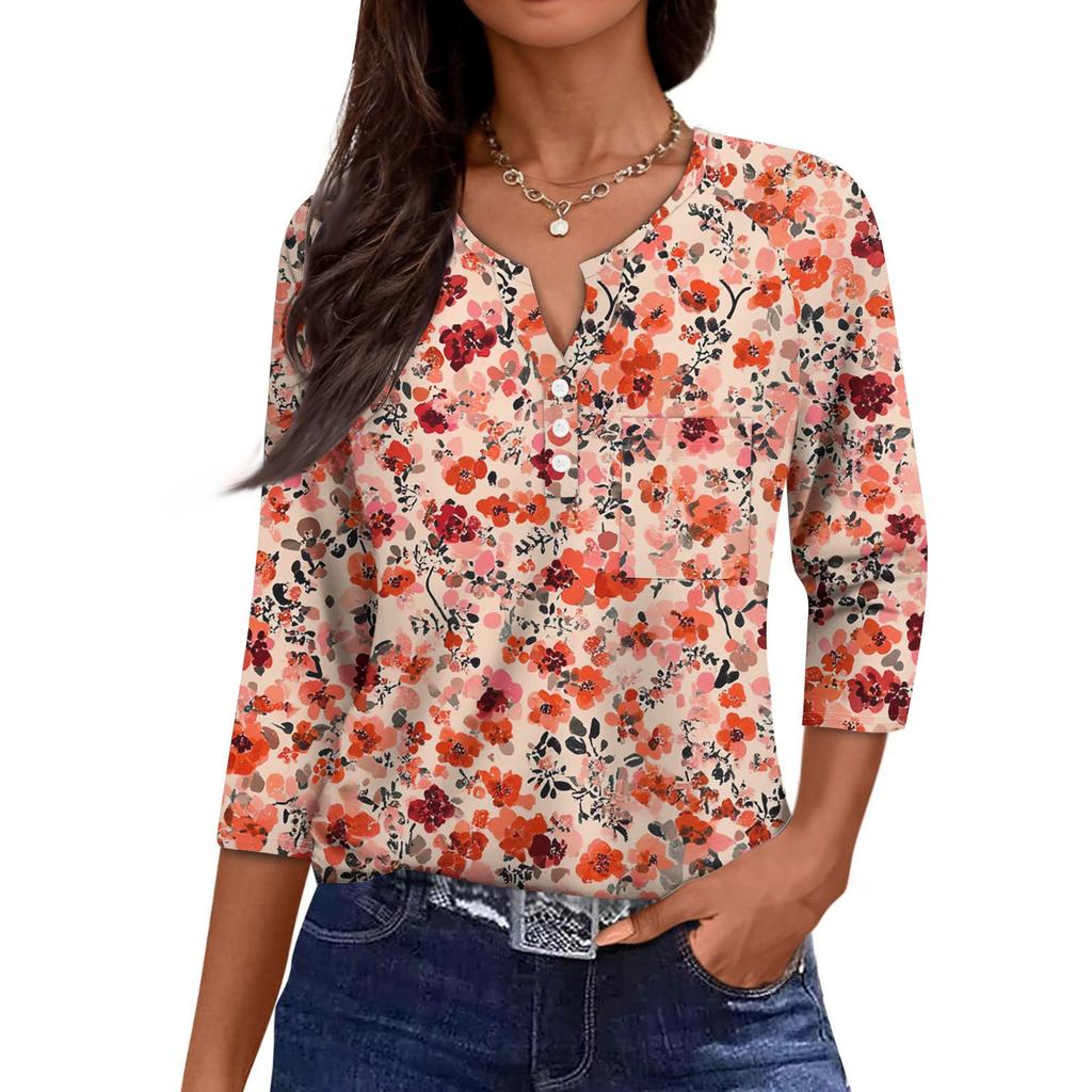 Damska Codzienna Modna Dekolt V Luźna Wszechstronna Kwiatowy Wzór Rękawy Trzyczwarte