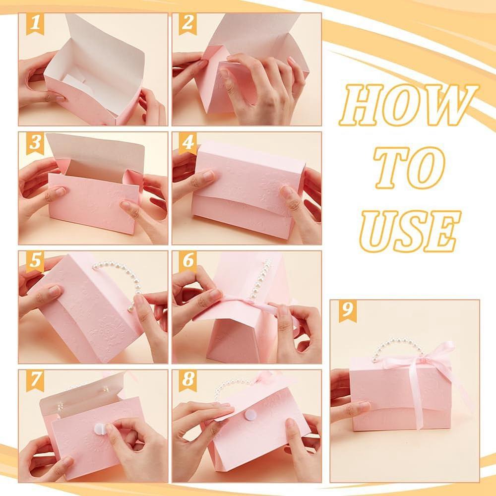 12sets Wedding Favors Candy Box DIY Set including 1 Sheet Craft Papar 1Pc Ribbon 1Pc Beaded Handle 2 Pairs Round Hook & Loop