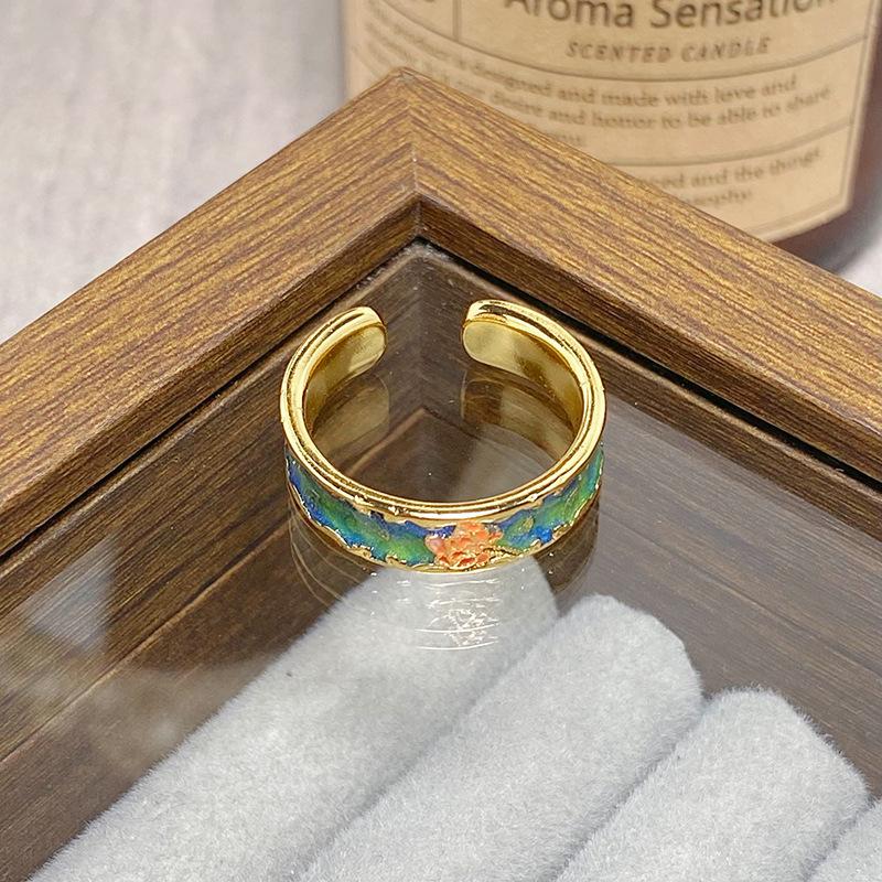 Medieval Vintage Colored Enamel Flower Butterfly Opening Ring Female Retro Niche High-End Light Luxury Ring
