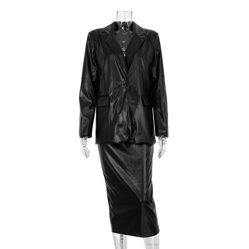 

European and American Fashion PU Leather Blazers Skirt sets Pu Suit Jacket Half Skirt Set Black M