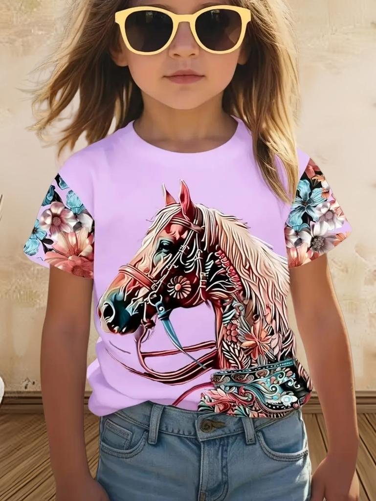 Children's Clothing Girl Clothes Short Sleeve Boys T-Shirt Casual Vintage Horse Print Kids Summer Clothes Girl Tops O-Neck Tee