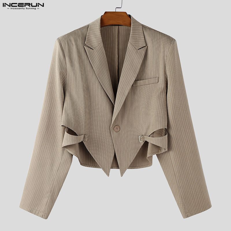 INCERUN Oversized Men Long Sleeve Striped Cutout Irregular Cropped Coats Blazer