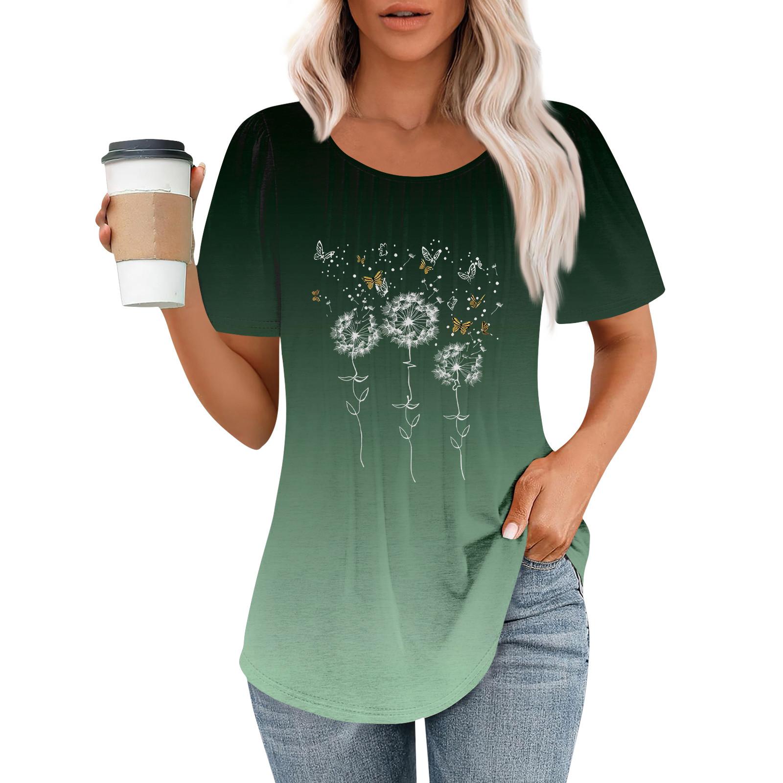 

Женская модная повседневная плиссированная футболка с круглым вырезом и короткими рукавами L темно-зеленого