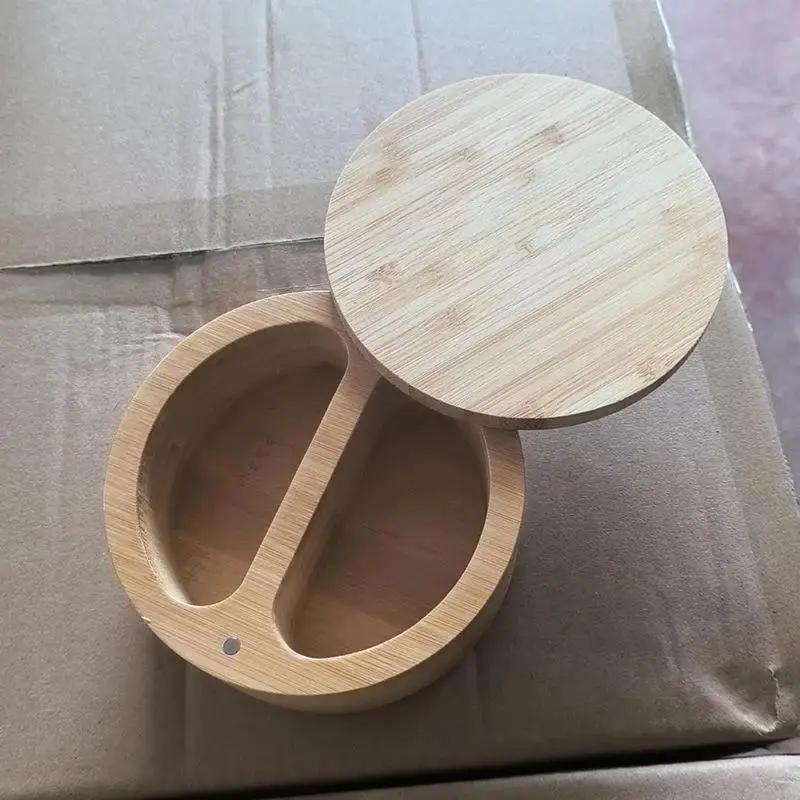 Bamboo Salt Jar with Spoon Kitchen Spice Jar Magnetic Rotating Household Seasoning Container Jewelry Handmade Storage Boxes