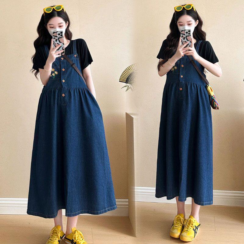 Summer Maternity Two-Piece: Loose Top & Denim Overalls L 115-125 lbs