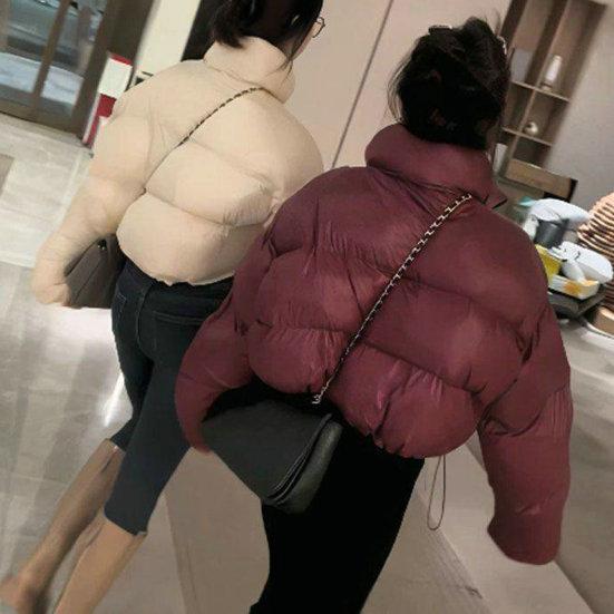 Autunno Inverno Donna Cappotto in cotone Colletto alla coreana Protezione collo Manica lunga Antivento Termico Imbottito spesso Chiusura con cerniera liscia Giacca morbida da donna