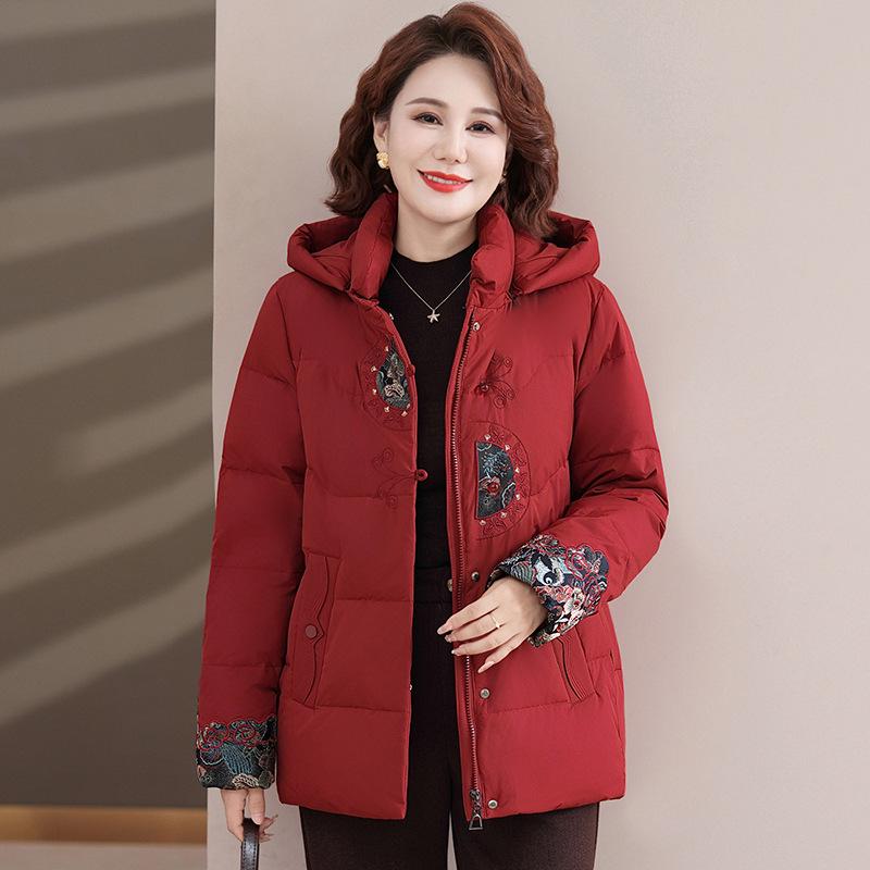 Women's Short Style Autumn-Winter Down Jacket - Thick Warm Coat for Middle-Aged and Elderly, Chinese Style with White Duck Down