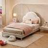 Children's Bed Upholstered Bed 90x200, Bed Frame LED Strip, Slatted Frame, Cloud Headboard, Youth Girl Bed, Velvet, Without Mattress, Beige