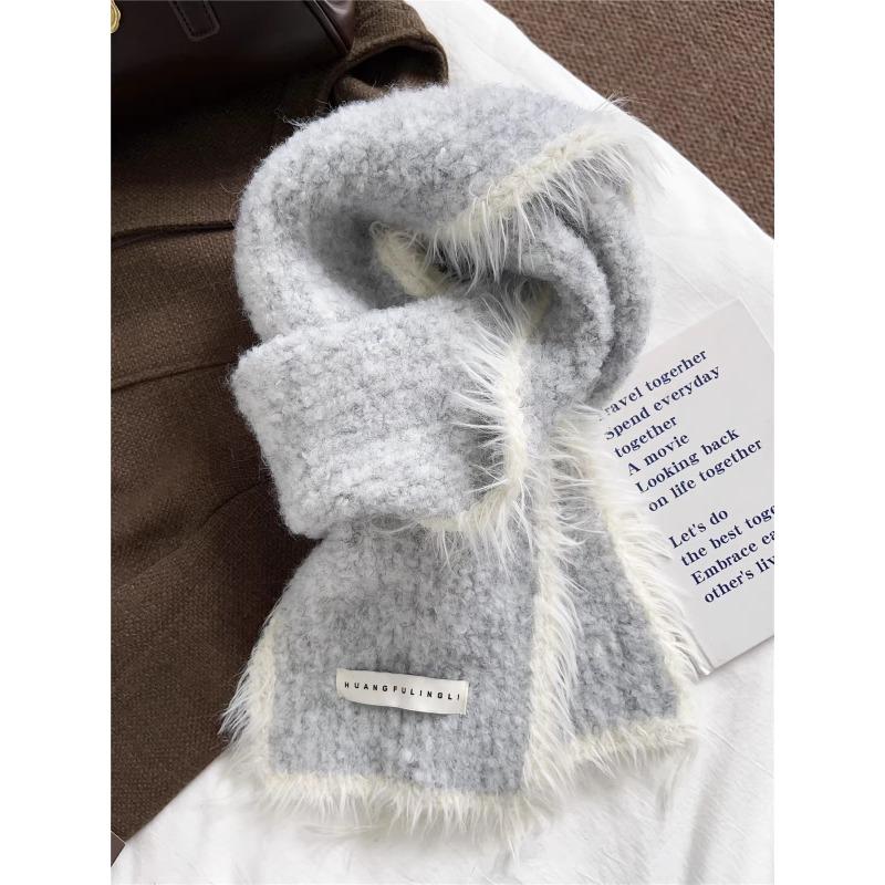 Autumn and Winter New Contrast Color Raw Edge Knitted Scarf for Women Korean Version Ins Fashion Warm Woolen Scarf Student Trend