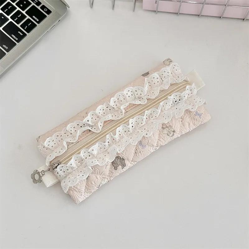 Cute Lace Ruffle Pencil Case for Kids Girl Sweet Cartoon Makeup Brush Organizer Large Capacity Soft Fabric Stationery Storage