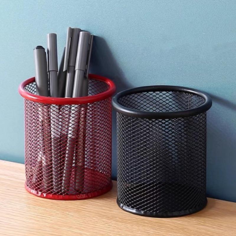 Simple Iron Mesh Pen Holder for Office Supplies, Metal Mesh Ironwork Desktop Storage Bucket for Student Stationery