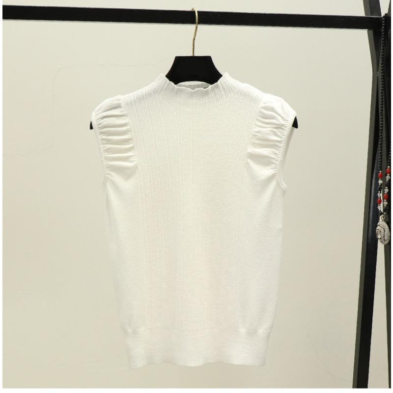 Summer New Simple Solid Color Semi-turtleneck Pleated Pullover Sweater Women Wear Sleeveless Vest Top