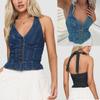 Ladies' Neck Hanging Denim Vest, Sexy and Spicy Girl, Tied with Straps and Buttons, V-neck Elegant Women's Top
