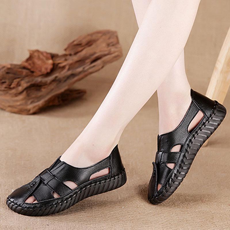 Plus Size 35-43 Summer Retro Women Hole Leather Sandals High Heels Breathable Wear-resistant Sandals