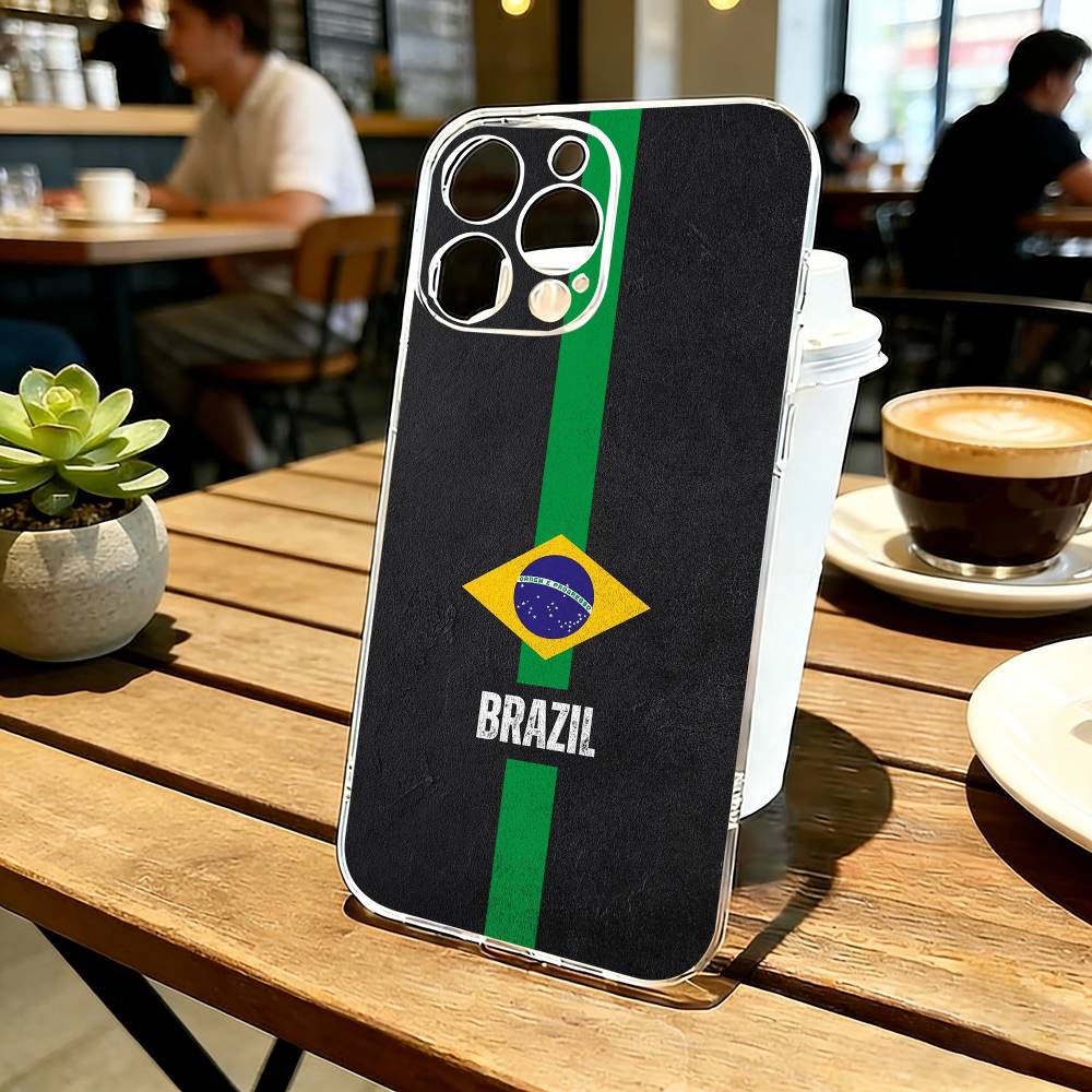 B-Brazil Brazilian Flag Phone Case For iPhone 17 16 15 14 13 12 11 Mini Pro Max Plus Transparent Cover