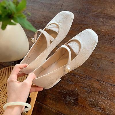 National Style~ New Chinese Pearl with Square Head Jacquard Mary Jane Single Shoes Grape Mother Studiolee Tuberose