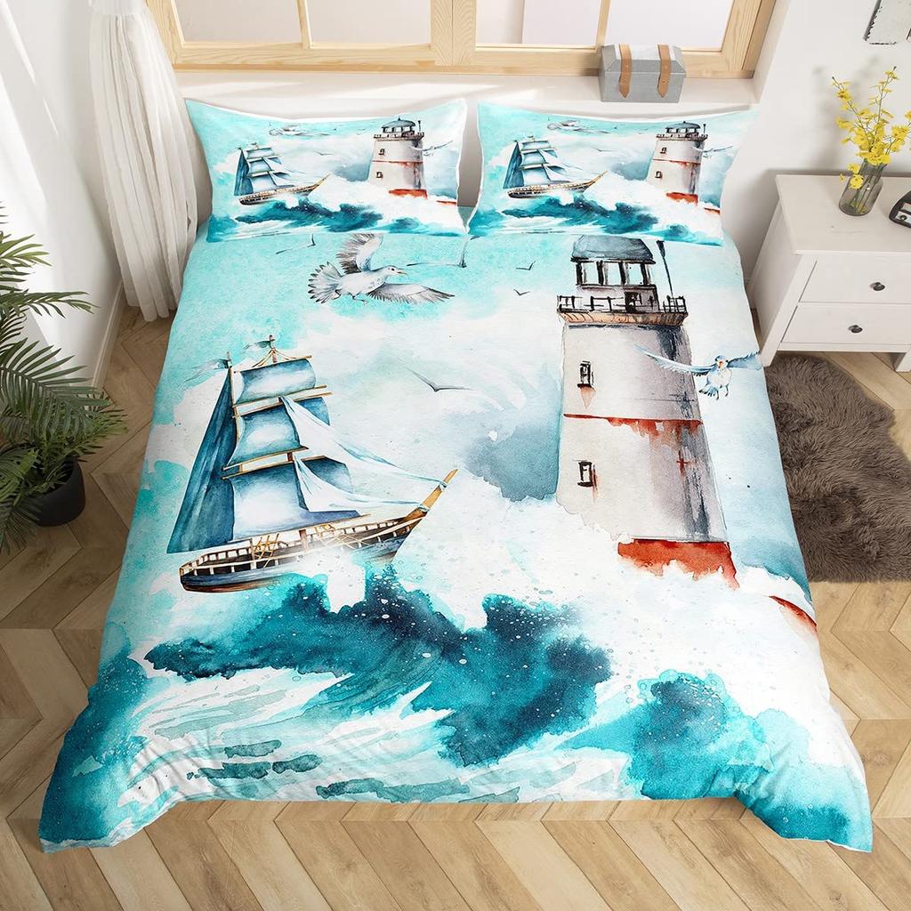 Nautical Anchor Duvet Cover Set Vintage Sail Boat Lighthouse Bedding Set Conch Starfish Seashell Ocean Wave Comforter Cover King
