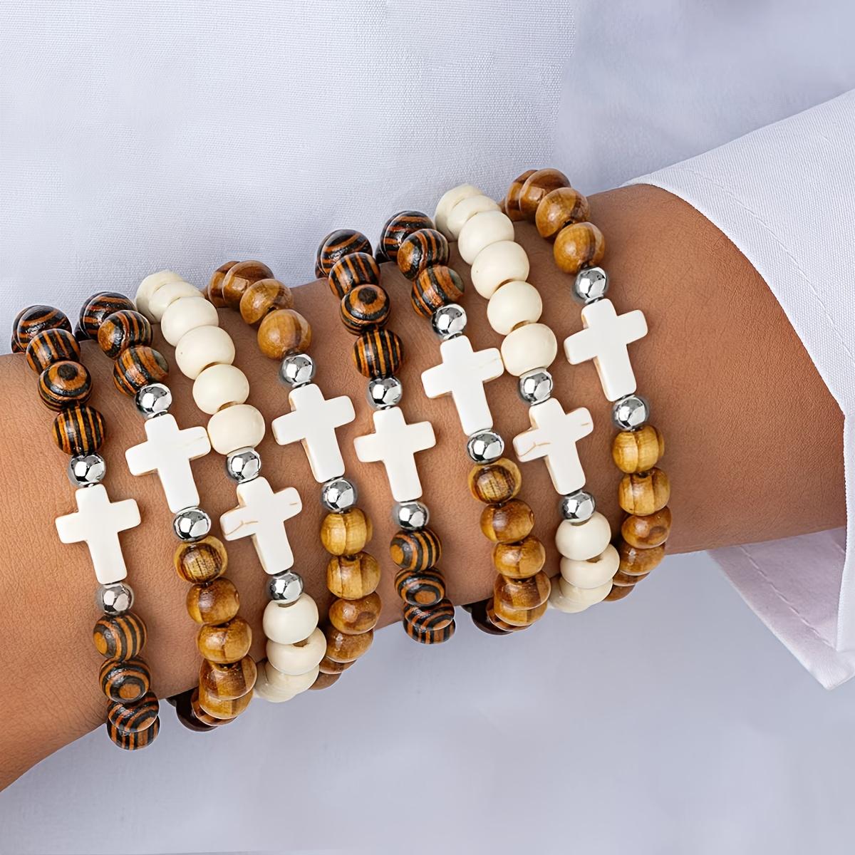 

8pcs Vintage Turquoise Cross Pattern Wood Bead Bracelets, Unisex Couple Gift - Fashion Jewelry for Men Women, Holiday Best Gift