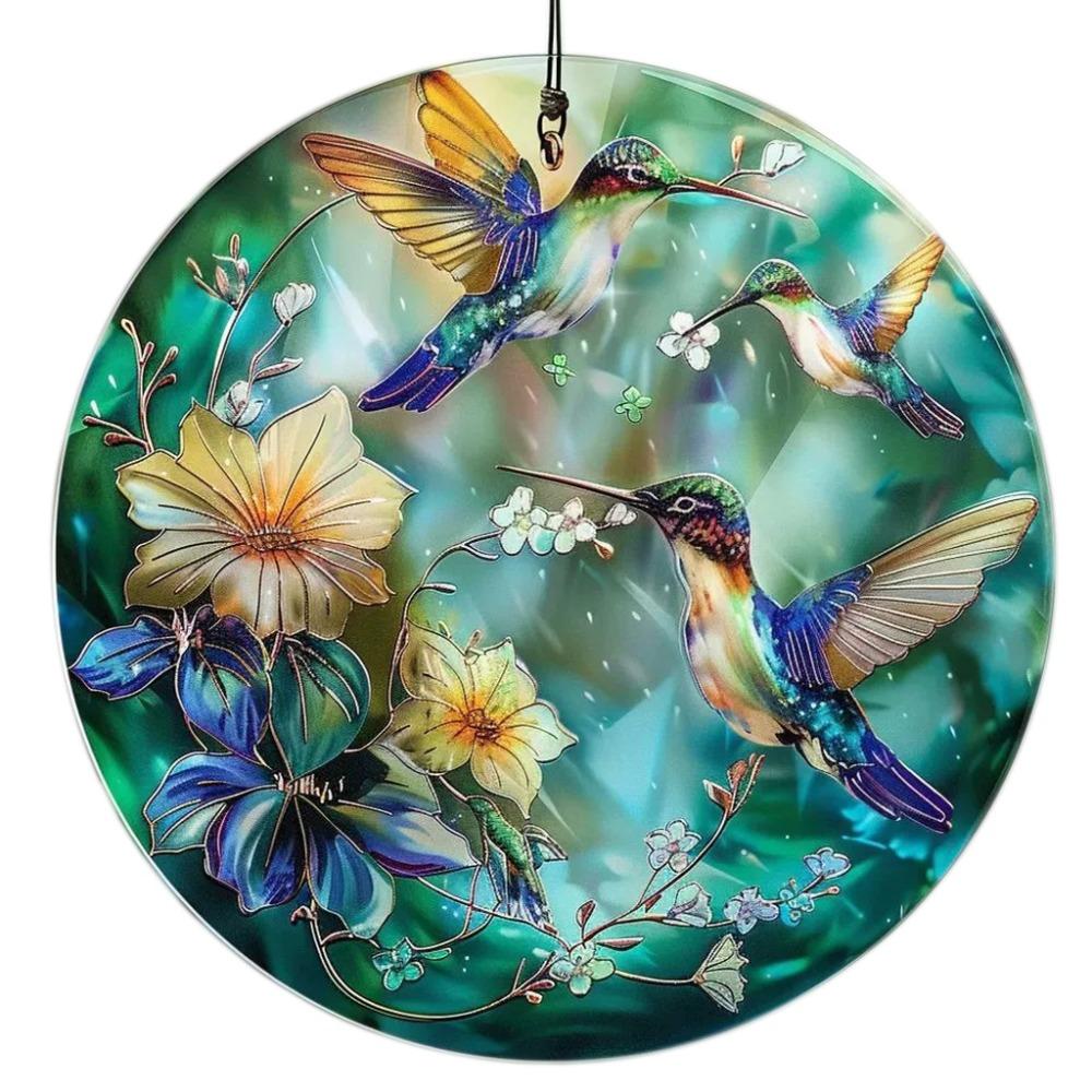 Portable Acrylic Hummingbird Hanging Suncatcher Flat Round Window Pendant Ornament Colorful Garland Decoration Window