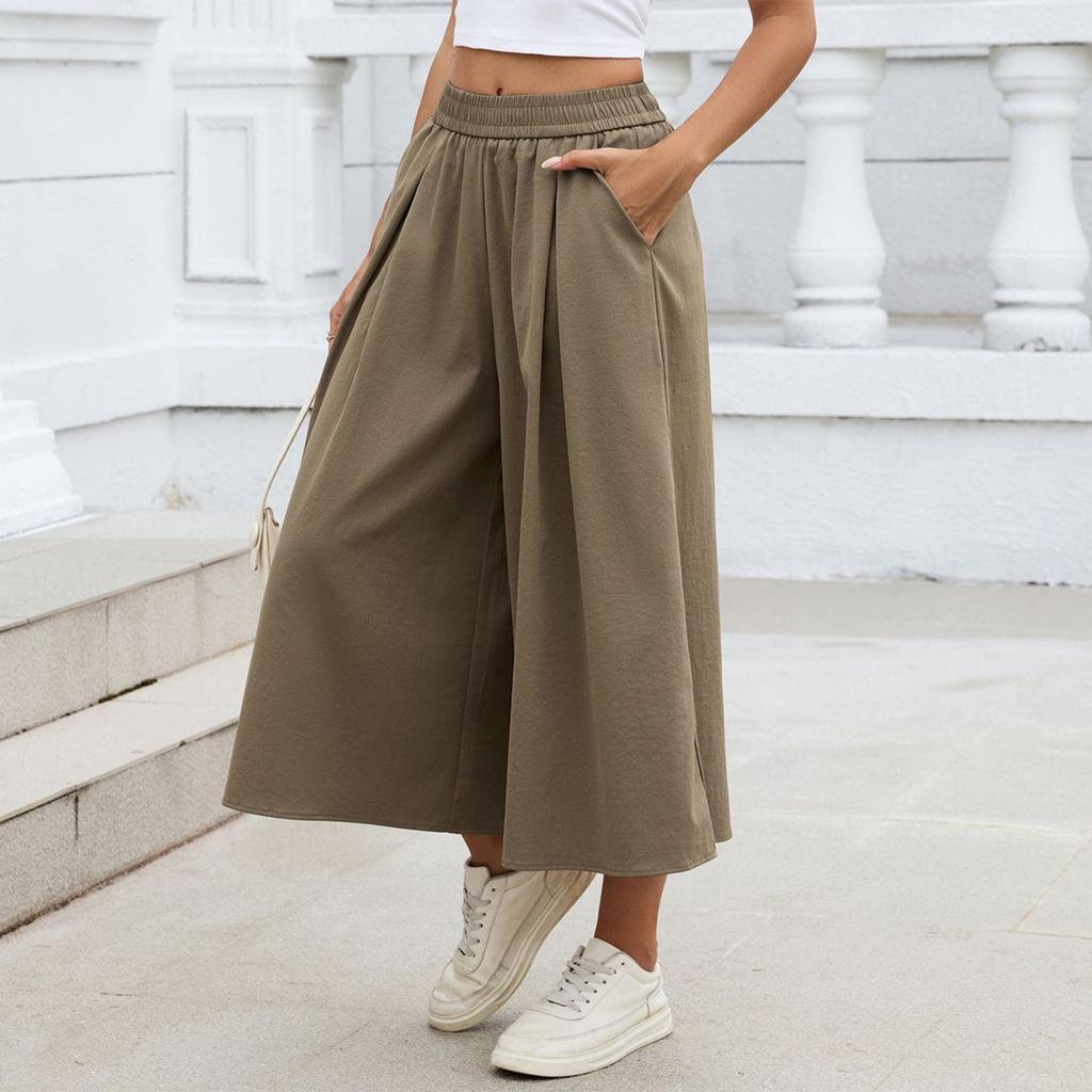 Women's Fashion Color Loose Wide Leg Pants Elastic Waist Pockets High,Waisted Skirt Pants