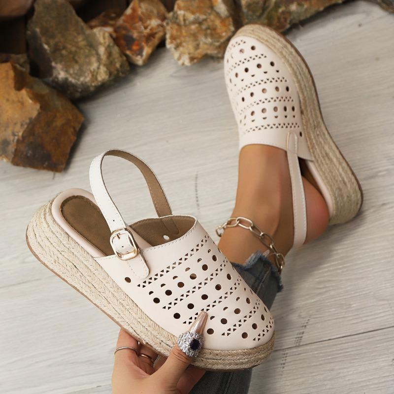 Baotou Sandals Women's Thick-soled Wedge Heel Large Size Summer New Retro Hemp Rope Hollow Women's Sandals