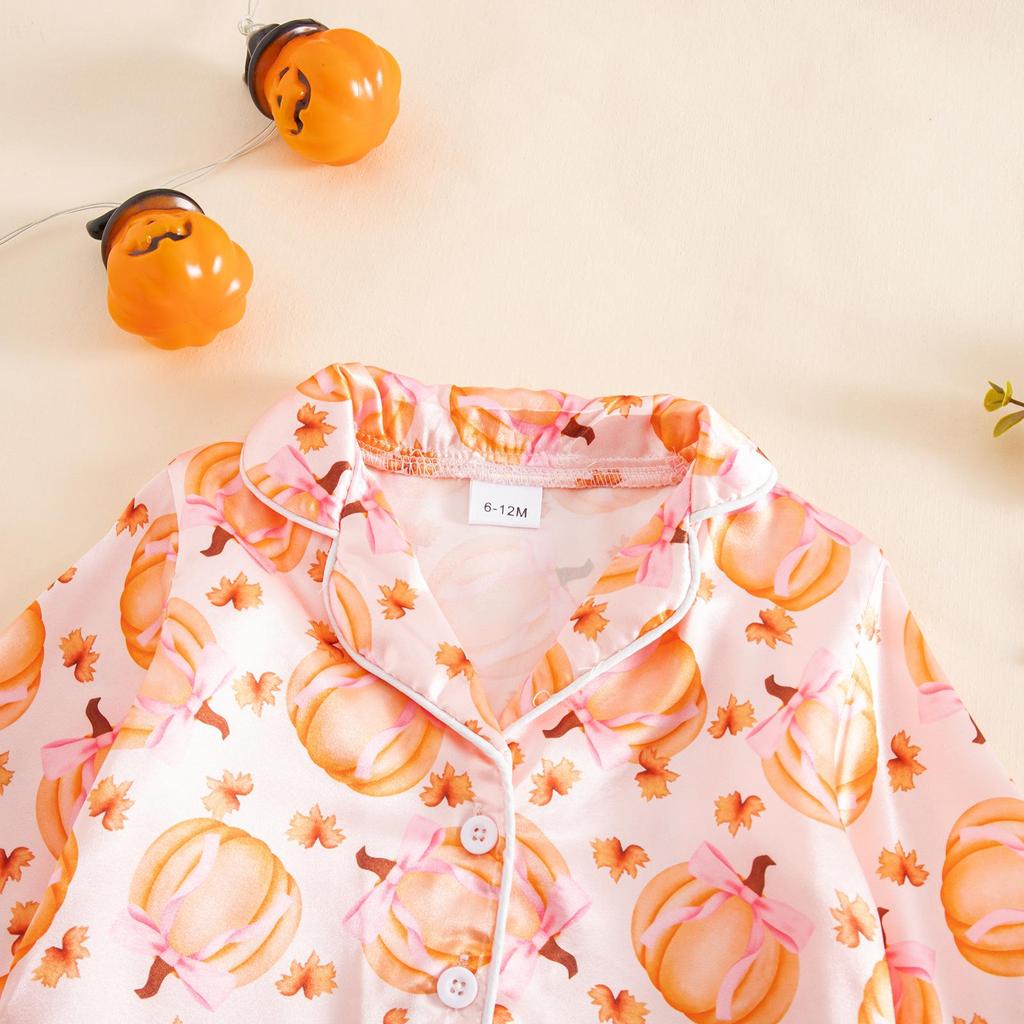2025 Furry Halloween Pajama Set with Bowknot & Pumpkin Print - Two-Piece Turn-Down Collar Homewear