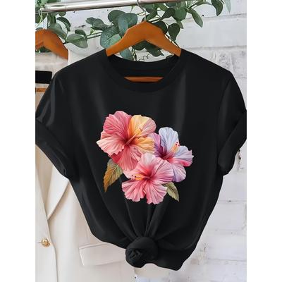 100% Cotton Soft Watercolor Hibiscus Flower Floral Print Casual Loose Fit Women's Crew Neck Short Sleeve Graphic T-Shirt