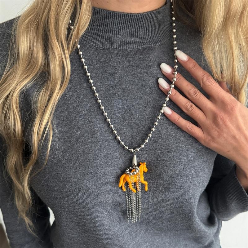 Stylish Tassels Necklace Featuring Adorable Horse Charm Adjustable Chain Length 61+7cm Neckchain Jewelry